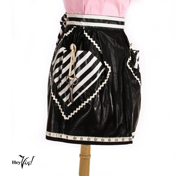 Black White Stripe Apron Glazed Chintz w Sewing Theme Goth Homemaker - Hey Viv - Picture 2 of 9